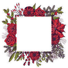 Vector frame with  hand drawn Christmas plants and flowers. Sketch  ilustration.