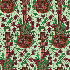 Floral ukulele design - colorful seamless pattern
