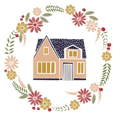 Hand drawn house and flower wreath . Vector sketch  illustration.