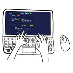 Programming. Work at the computer wi-fi setup. Isolated laptop background with hands. Business concept. Vector illustration on white background. For cards, poster stickers .