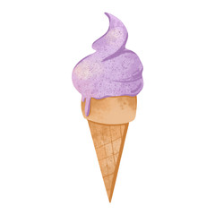 Ice cream in a waffle cone with one purple ball. Cute textural digital art. Print for stickers, menus, cards, restaurants, invitations, fabrics, banners, posters.