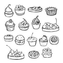 Bakery products. Cakes. Vector sketch  illustration.