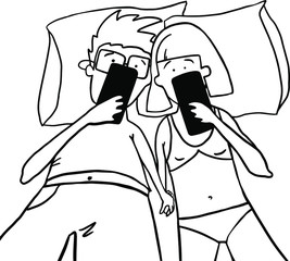 Millennial couple obsessed with smartphones, checking social networks at home, using phone apps relaxing together on a couch, lost in news online, a young man and woman texting or browsing on phones.
