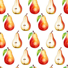 Seamless pattern with watercolor illustration Pear and half with a leaf on white background