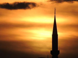 architecture, tower, sky, church, sunset, mosque, religion, minaret, building, silhouette, blue, city, steeple, travel, istanbul, landmark, cathedral, turkey, spire, night, paris, landscape, religious