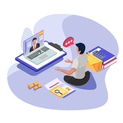 Business worker do communication with boss in computer. Isometric Remote work illustration concept. Male with laptop technology, certificate, books. Vector