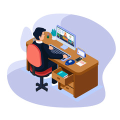 Fototapeta na wymiar Businessman do video conference and watching office report from teamwork. Isometric Online meeting illustration concept. Business worker with technology. Vector