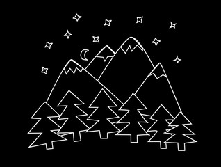 Outline of forest and mountains on black background. Night sky with stars and moon. Vector illustration.