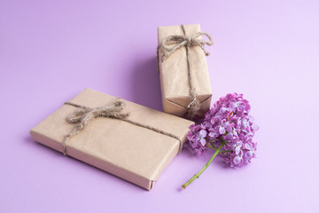 Two gifts in eco-friendly craft paper packaging on a light, lilac background with a branch of lilac.