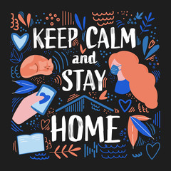 Bright and colorful vector illustration about the need to be at home during the period of quarantine and self-association. Lettering with various isolated elements around.