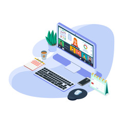 Isometric online video conference kit. Computer screen show teamwork do online meeting. Workspace equipment illustration set. Vector