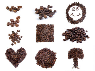 coffee beans in the form of a collage of different shapes