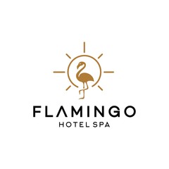 flamingo and sunset or sunrise logo icon in trendy minimal line linear style for hotel spa saloon wellness business .  - obrazy, fototapety, plakaty