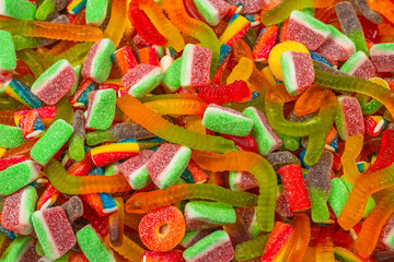 Fototapeta na wymiar Assorted gummy candies. Top view. Jelly sweets background.