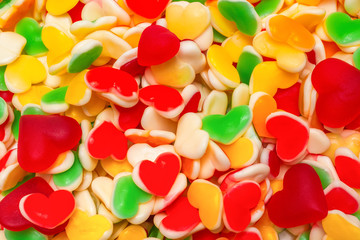 Juicy colorful jelly sweets. Gummy candies. Hearts.
