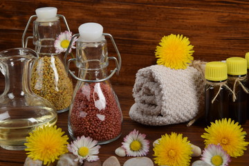 Obraz na płótnie Canvas home aromatherapy, bath set with the scent of spring flowers