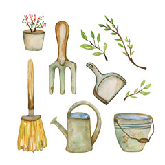 Watercolor illustration of a set of water bucket, watering can, scoop, broom, broom, tree branch, rake, flower pot. Hand-drawn with watercolors and is suitable for all types of design and printing.
