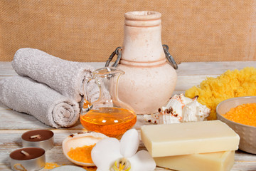 home spa, candles, pumice, natural soap, dry powder for making a face mask,