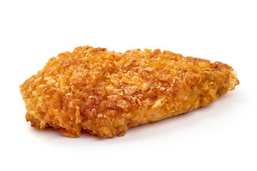 Delicious crispy chicken fillet in bread crumbs, isolated on white background