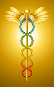 Caduceus, traditional greek symbol of Hermes Trismegistus, golden staff entwined by two colorful serpents, surmounted by wings. Vector illustration.
