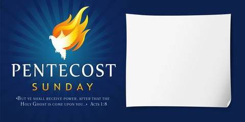 Pentecost Sunday poster with dove Holy Spirit in flame. Template invitation banner for Pentecost day with dove in tongues fire and text Acts 1:8. Vector illustration