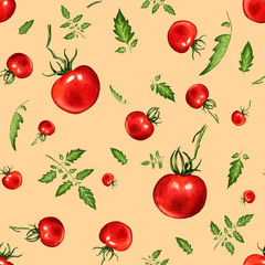 Seamless hand drawn watercolor pattern with tomatoes. Can be used for fabric, wrapping paper, scrapbooking, as wallpaper, banner, background and other design.