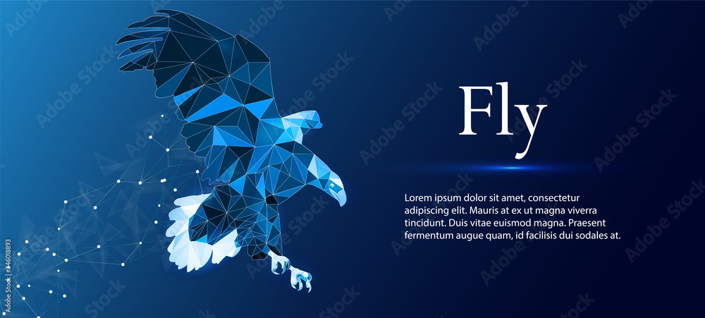 Poster eagle made of lines and rectangles, polygonal style on a blue background. polygonal eagle in motion,
