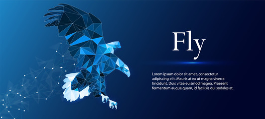 Eagle made of lines and rectangles, polygonal style on a blue background. Polygonal eagle in motion, lines and connected with shape, vector illustration.