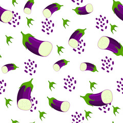 Seamless pattern of eggplant vegetable, its leaves and simple geometic shape on white background. Vector flat illustration.