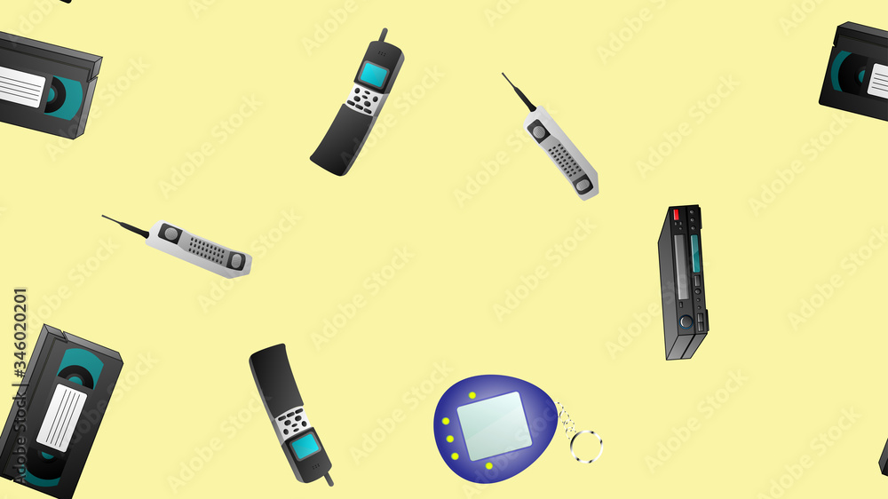Poster seamless pattern of retro old hipster electronic devices technology computers cassettes tape recorde