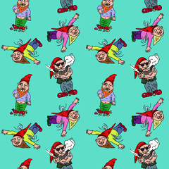 Funny gnomes set, in hat flying on small wings, sweet tooth gnome eating lollipops, cool one smoking pipe, colorful hand drawn doodle illustration, seamless pattern design on turquoise background