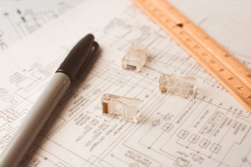 Fototapeta premium Network cable terminals on structured wiring diagram utp cable installation. Connection for wireless networks and data network. Design, installation and maintenance of data networks.