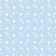 Light blue vector seamless pattern background for medical, health care design with pills, medications, vitamins.