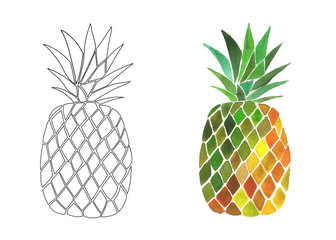 Coloring book page for preschool children with outlines of pineapple and a colorful copy of it. 