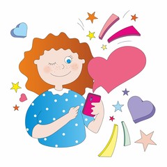 Happy girl with a phone. Illustration of a young girl in love holding a smartphone. Love mail. Girl with mobile phone reads love messages. Illustration in trendy style.