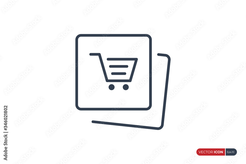 Poster linear style shopping cart icon with square rounded line frame isolated on white background. vector 