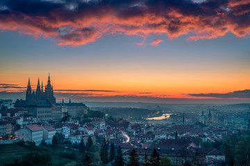 Prague castle, St. Vitus cathedral and the UNESCO heritage site of the old city center during twilight, Prague, Czechia
