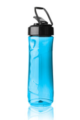 Plastic blue sports bottle. Isolated on white background.