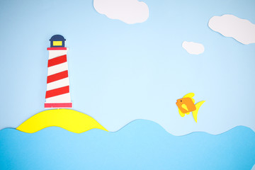 Paper sea with light house - Hand made 
