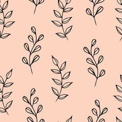 Floral seamless pattern, botanical elegant with branches and leaves on a beige background. For textile, packaging, stationary etc