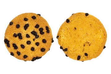 Back and front views of homemade chocolate chip cookies. isolated on white background