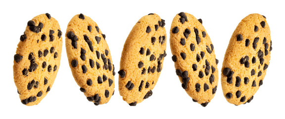 Falling chocolate chip cookies isolated on white background