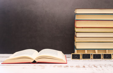 Pile of different books on the table 