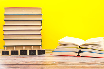 Pile of different books on the table 