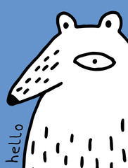 Simple Abstract Vector Illustration with Hand Drawn Bear Islated on a Blue Background. White Polar Bear with Black Outline.Infantile Style Vector Art for Card, Poster, Wall Art, Boy's Room Decoration.