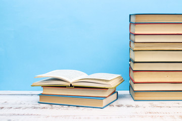 Pile of different books on the table 
