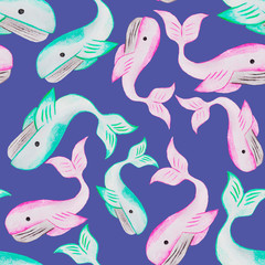 blue and pink whale, girl and boy, a couple live in the seas and oceans, big fish,seamless