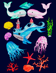 Obraz na płótnie Canvas marine animals and ocean dwellers whales, fish, jellyfish, algae and karall, rocks and starfish and colorful shells