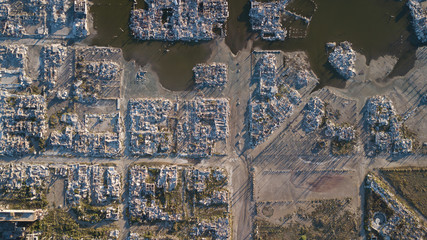 aerial view of a city that seems to have been bombed, in villa epecuen, province of Buenos Aires, Argentina.