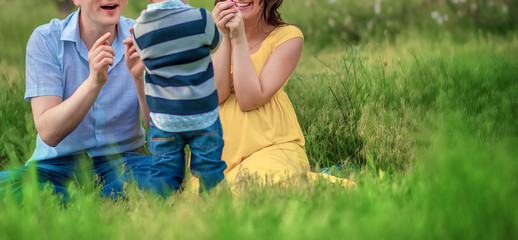 Pregnant family with elder son is happy to wait baby. Father and mother are smiling ang laughing....